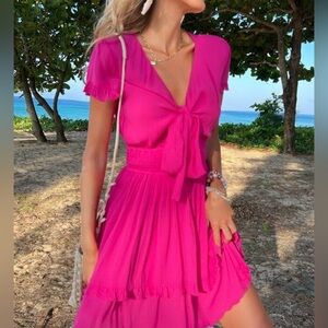 Hot Pink Boho Tie Front Ruffle Hem Mini Dress NWOT